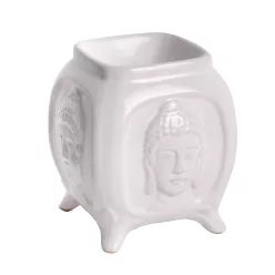 KERÁMIA OLAJMÉCSES, SZÖGLETES, BUDDHA FEJ MINTÁS, FEHÉR
