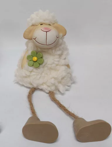 KERÁMIA BÁRÁNY, LÓGÓ LÁBÚ, BUNDÁS FEHÉR, ZÖLD VIRÁGGAL