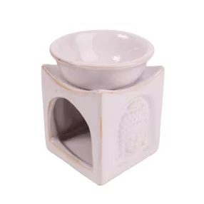   KERÁMIA OLAJMÉCSES, TÉGLALAP ALAKÚ, BUDDHA FEJJEL, FEHÉR