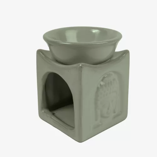 KERÁMIA OLAJMÉCSES, TÉGLALAP ALAKÚ, BUDDHA FEJJEL, ZÖLD