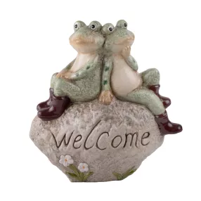   KERÁMIA BÉKÁK, GUMICSIZMÁBAN, KÖVÖN, WELCOME FELIRATTAL, ZÖLD