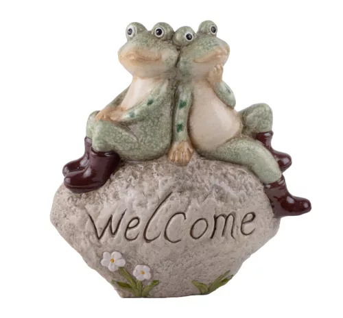 KERÁMIA BÉKÁK, GUMICSIZMÁBAN, KÖVÖN, WELCOME FELIRATTAL, ZÖLD