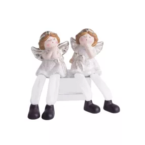   KERÁMIA ANGYALLÁNY, LÓGÓLÁBÚ, CSILLOGÓ RUHÁBAN, FEHÉR