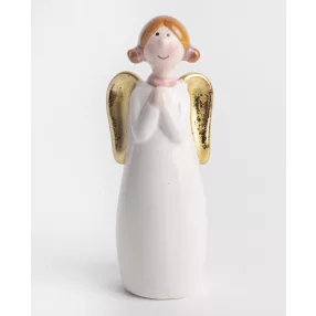 KERÁMIA ANGYAL, IMÁTKOZIK, ARANY SZÁRNNYAL, FEHÉR