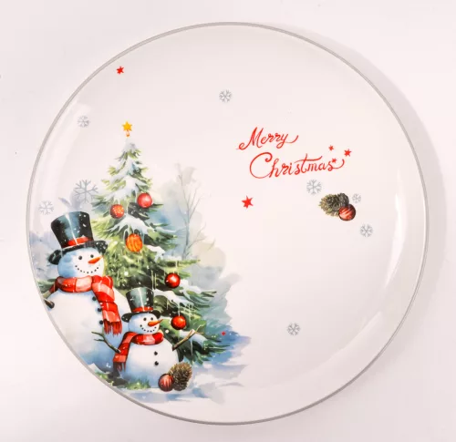KERÁMIA TÁNYÉR, HÓEMBEREK A KARÁCSONYFA ELŐTT, MERRY CHRISTMAS FELIRAT