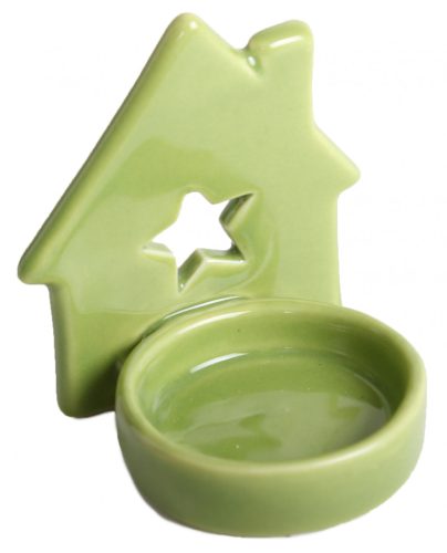 PORCELÁN MÉCSESTARTÓ TÁL HÁZZAL, CSILLAGOS, ZÖLD