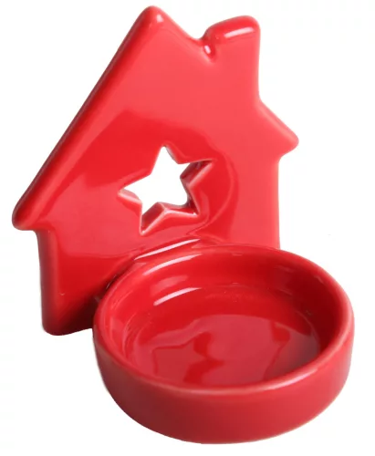 PORCELÁN MÉCSESTARTÓ TÁL HÁZZAL, CSILLAGOS, PIROS