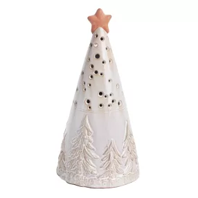   PORCELÁN KÚP, LEDDEL, FENYŐFÁS, CSILLAGGAL, KRÉM TERRAKOTTA