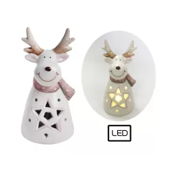 PORCELÁN RÉNSZARVAS, LEDDEL, FEHÉR RÓZSASZÍN