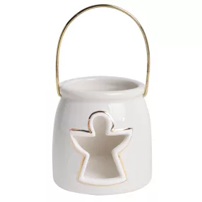   PORCELÁN MÉCSES TARTÓ, FÉM FÜLLEL, ANGYALOS, FEHÉR ARANY