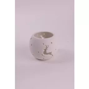 PORCELÁN MÉCSESTARTÓ GÖMB, FEHÉR, SZARVAS MINTÁS