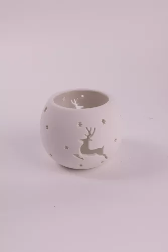 PORCELÁN MÉCSESTARTÓ GÖMB, FEHÉR, SZARVAS MINTÁS