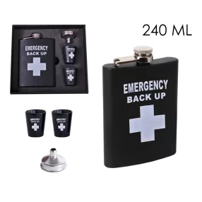   LAPOSÜVEG, ROZSDAMENTES ACÉL, SZETT DÍSZDOBOZBAN,EMERGENCY BACK UP FELIRATTAL, 2 KISPOHÁRRAL ÉS TÖLCSÉRREL, 4 DARABOS, FEKETE