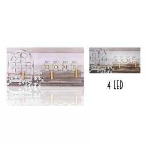   CANVAS VILÁGÍTÓ LÁNG ELFÚJÓS KÉP 4 LEDDEL 3 FA CSIPESSZEL, HOME FELIRAT