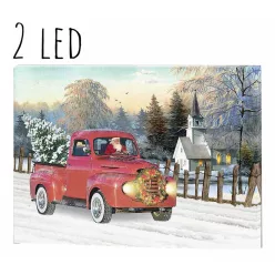   218128 CANVAS VILÁGÍTÓ KÉP 2 LEDDEL, MIKULÁS FURGONBAN, PIROS