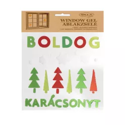   ABLAKZSELÉ BOLDOG KARÁCSONYT FELIRAT, FENYŐFÁK ZÖLD/PIROS /PIROS