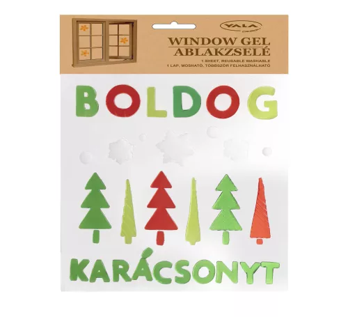 ABLAKZSELÉ BOLDOG KARÁCSONYT FELIRAT, FENYŐFÁK ZÖLD/PIROS /PIROS