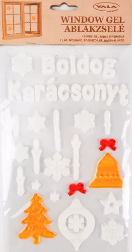 ABLAKZSELÉ  BOLDOG KARÁCSONYT FELIRAT, FEHÉR ÉS ARANY, DÍSZEK
