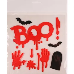  ABLAKZSELÉ VÉRES KÉZ ÉS BOO FELIRAT, FEKETE SÍRKŐVEL ÉS DENEVÉRREL
