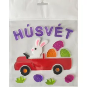 ABLAKZSELÉ, HÚSVÉT FELIRAT, NYÚL PIROS AUTÓBAN