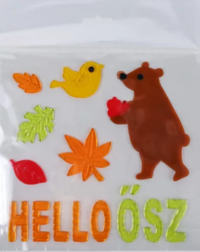 ABLAKZSELÉ MEDVE ALMÁVAL, FALEVELEK, HELLO ŐSZ FELIRAT