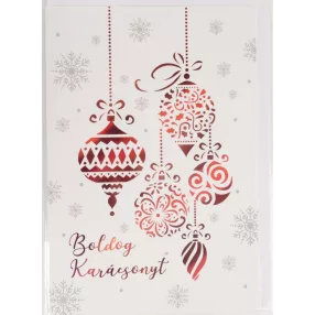   KÉPESLAP+BORÍTÉK, PIROS FÜGGŐ DÍSZEK,  BOLDOG KARÁCSONYT FELIRAT