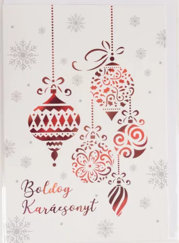 KÉPESLAP+BORÍTÉK, PIROS FÜGGŐ DÍSZEK,  BOLDOG KARÁCSONYT FELIRAT