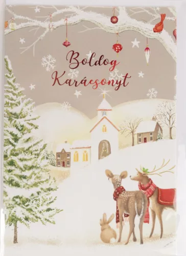 KÉPESLAP+BORÍTÉK, TEMPLOM, HAVAS FENYŐ ÉS ŐZEK, BOLDOG KARÁCSONYT FELIRAT