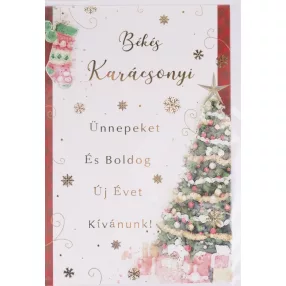   KÉPESLAP+BORÍTÉK, KARÁCSONYFA AJÁNDÉKOKKAL, BÉKÉS KARÁCSONYI ÜNNEPEKET ÉS NAGYON BOLDOG ÚJ ÉVET KÍVÁNUNK! FELIRAT