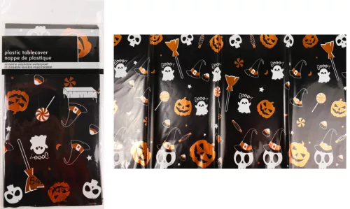 HALLOWEENI DEKORÁCIÓ, MŰANYAG ASZTALTERÍTŐ, SZELLEM, TÖK, KOPONYA MINTÁVAL, FEKETE