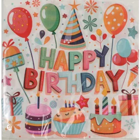   PARTY PAPÍR SZALVÉTA, 20 DARABOS, HAPPY BIRTHDAY FELIRATTAL, SÜTEMÉNY ÉS LUFIK
