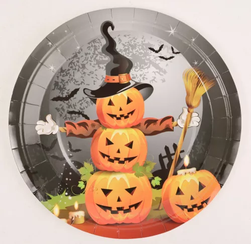 PARTY PAPÍR TÁNYÉR, HALLOWEENI DEKORÁCIÓ, 10 DARABOS SZETT, HALLOWEEN TÖK SEPRŰVEL, BOSZORKÁNYKALAPBAN