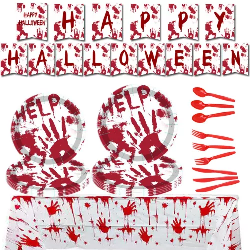 PARTY PAPÍR TÁNYÉR, HALLOWEENI DEKORÁCIÓ, 10 DARABOS SZETT, VÉRES KÉZNYOMOKKAL