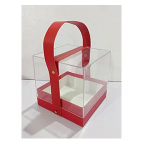   AJÁNDÉK DOBOZ, FÜLLEL, MŰANYAG PLEXI, NÉGYSÖGLETES, PIROS