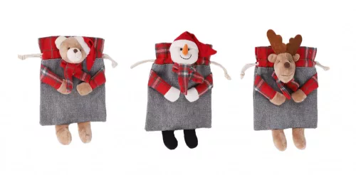 TEXTIL MIKULÁSZSÁK FEJEKKEL, MEDVÉS VAGY HÓEMBERES VAGY RÉNSZARVASOS