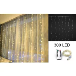   LED FÜGGÖNY, 300 LEDDEL, 8 FUNCIÓVAL, IDŐZÍTŐVEL, MELEG FEHÉR