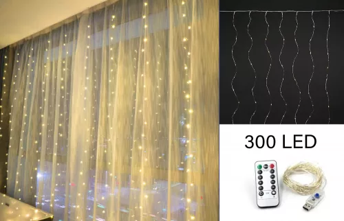 LED FÜGGÖNY, 300 LEDDEL, 8 FUNCIÓVAL, IDŐZÍTŐVEL, MELEG FEHÉR