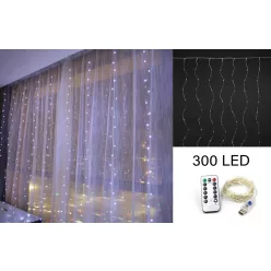   LED FÜGGÖNY, 300 LEDDEL, 8 FUNCIÓVAL, IDŐZÍTŐVEL, HIDEG FEHÉR