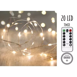   ELEMES DRÓTFŰZÉR, 20 LEDDEL, IDŐZÍTŐVEL, MELEG FEHÉR, ELEM NÉLKÜL
