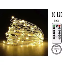   ELEMES DRÓTFŰZÉR, 50 LEDDEL, IDŐZÍTŐVEL, MELEG FEHÉR, ELEM NÉLKÜL