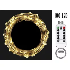   ELEMES DRÓTFŰZÉR, 100 LEDDEL, IDŐZÍTŐVEL, MELEG FEHÉR, ELEM NÉLKÜL