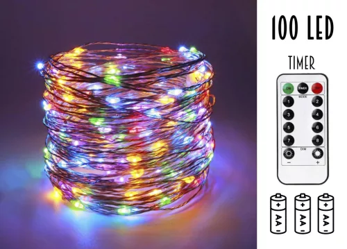 ELEMES DRÓTFŰZÉR, 100 LEDDEL, IDŐZÍTŐVEL, SZÍNES, ELEM NÉLKÜL