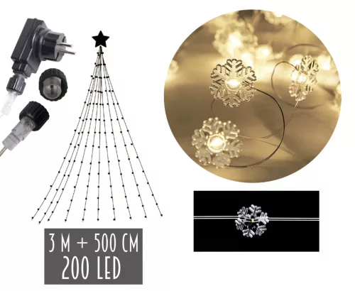 LED SZOKNYA, HÓPIHE DÍSZÍTÉSSEL, 200 LEDES, MELEG FEHÉR