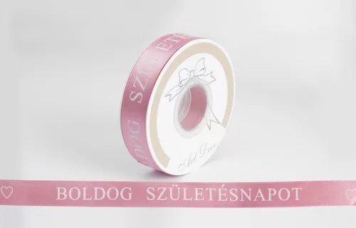SZATÉN SZALAG, BOLDOG SZÜLETÉSNAPOT FELIRAT, SÖTÉT RÓZSASZÍN ÉS FEHÉR