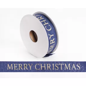 SZALAG, TEXTIL, MERRY CHRISTMAS FELIRATTAL, KÉK