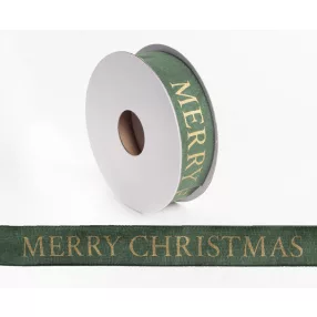 SZALAG, TEXTIL, MERRY CHRISTMAS FELIRATTAL, ZÖLD