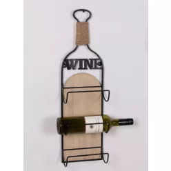  FA ÉS FÉM BOR TARTÓ, ÜVEG FORMÁJÚ, 3 RÉSZES, WINE FELIRAT, NATÚR ÉS FEKETE
