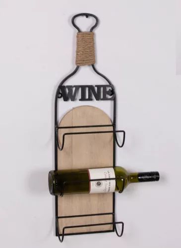 FA ÉS FÉM BOR TARTÓ, ÜVEG FORMÁJÚ, 3 RÉSZES, WINE FELIRAT, NATÚR ÉS FEKETE