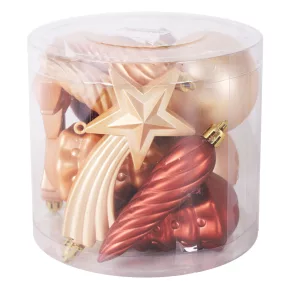   KARÁCSONYIDÍSZ VEGYESDÍSZ SZETT PVC DOBOZBAN, 12 DARABOS, RÉZ