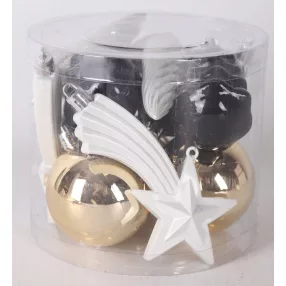   KARÁCSONYIDÍSZ VEGYESDÍSZ SZETT PVC DOBOZBAN, 12 DARABOS, FEKETE-FEHÉR-ARANY